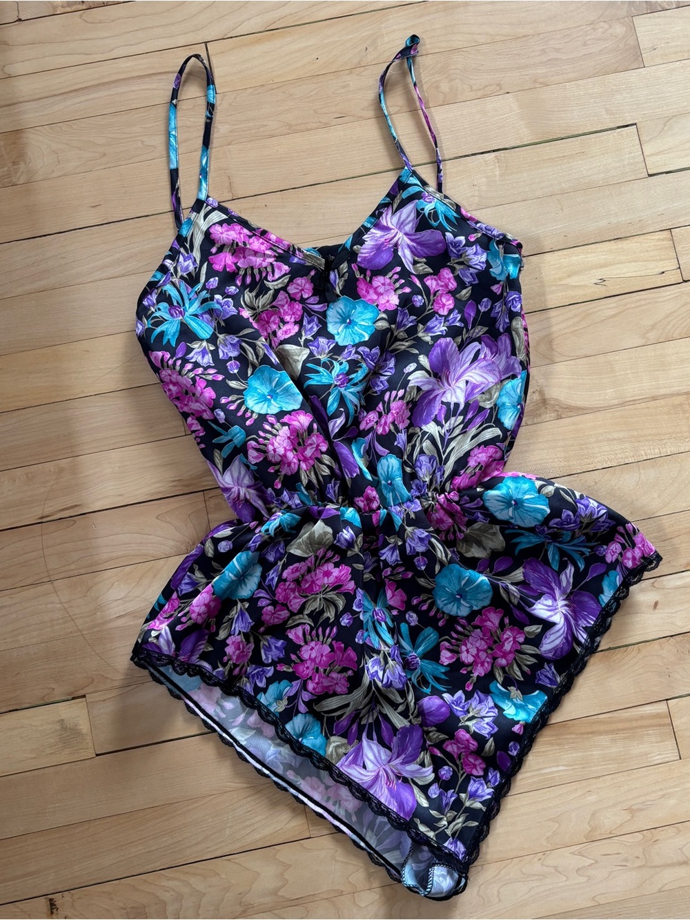 Vintage 80s Floral Satin Bodysuit Romper in Black, Purple, Blue